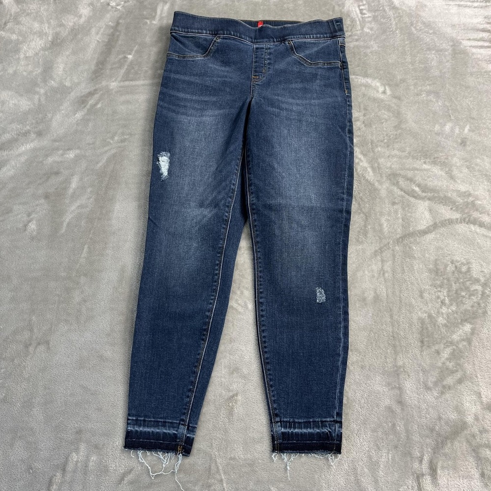 Spanx Pants Womens M Petite Blue High Rise Jeggings Distressed Ankle Raw Hem